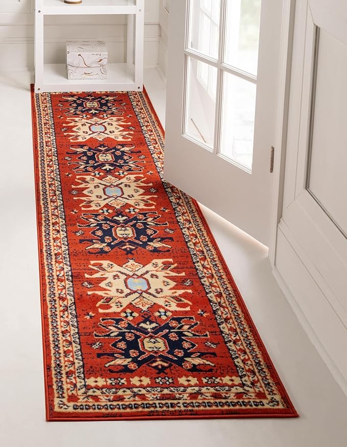 Unique Loom Taftan Collection Border Geometric Tribal Inspired Design Area Rug (2' 7 x 10' 0 Runner, Terracotta/ Ivory)