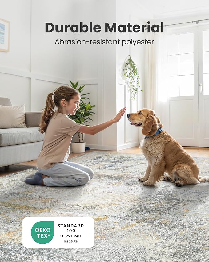AMADA HOMEFURNISHING 5x7 Area Rugs for Living Room, Modern Abstract Washable Rug Neutral Soft with Non-Slip Backing & Low Pile Kids Rug for Resistant, Bedroom, Nursery Home Office, Beige