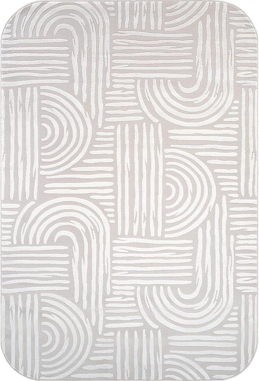 Beverly Rug Modern Geometric Area Rug 5x7 Low-High Pile Durable Soft Abstract Curved Indoor Rugs for Living Dining Room Office Stain Resistant Non Shedding Casual Indoor Carpet Beige White 5 x 7