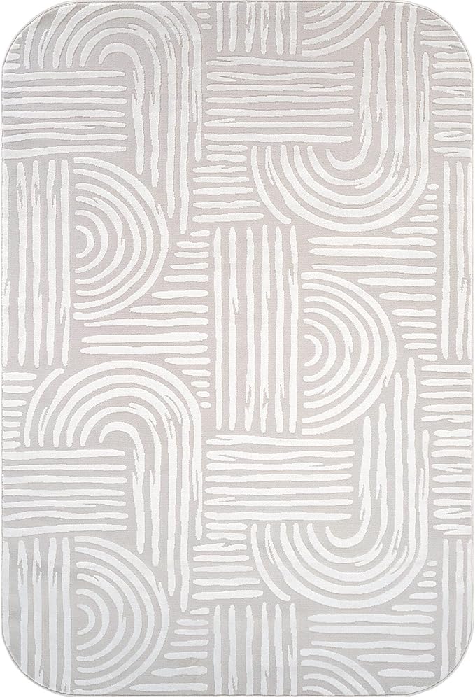 Beverly Rug Modern Geometric Area Rug 6x9 Low-High Pile Durable Soft Abstract Curved Indoor Rugs for Living Dining Room Office Stain Resistant Non Shedding Casual Indoor Carpet Beige White 6 x 9