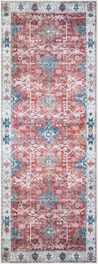 Bloom Rugs Washable Non-Slip 10 ft Runner - Red/Blue Traditional Runner for Entryway, Hallway, Bathroom, and Kitchen - Exact Size: 2.5' x 10'