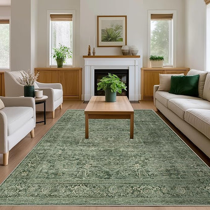 FMFUNCTEX 6x9 Washable Area Rug Green Vintage Neutral Distressed Oriental Large Non Slip Carpet for Living Room Bedroom Soft Low Pile Indoor Mat Retro Throw Rug for Dining Room Kitchen Office Nursery
