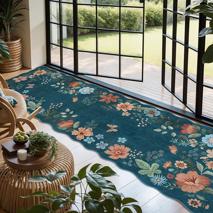 Lahome Floral Washable Runner Rug, 2'6''x8' Soft Hallway Runner Rug Non Slip, Boho Ultra-Thin Kitchen Runners for Hallways with Rubber Backing Carpet for Laundry Bedroom Bathroom(Navy Blue)