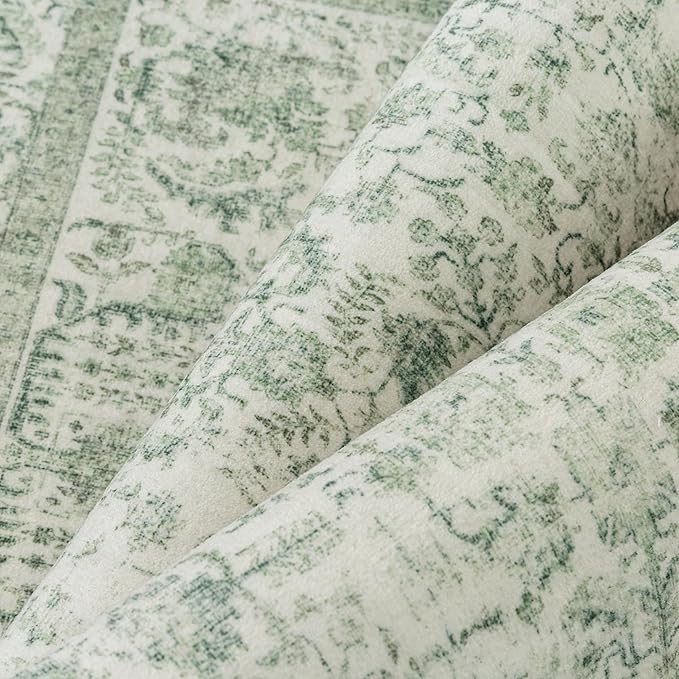Sage Green Area Rug 3x5 Washable Office Entryway Carpet Vintage Distressed Non Slip Kitchen Indoor Entry Neutral Low Pile Retro Floral Farmhouse Throw Mat for Laundry Dining Room Bedroom