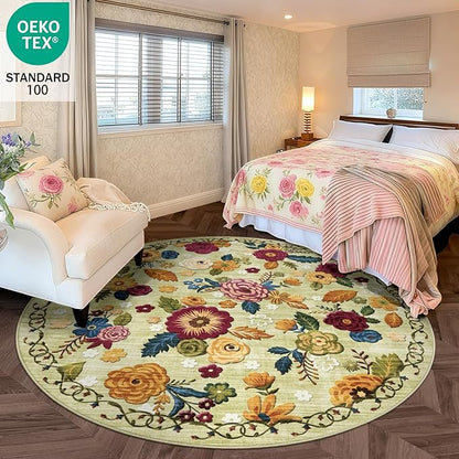 6ft Round Machine Washable Area Rug for Living Room, Green Vintage Boho Floral Rug Large Non-Slip Low Pile Soft Faux Wool Carpet, Kids and Pets Friendly for Bedroom Nursery Farmhouse Home Decor Rug