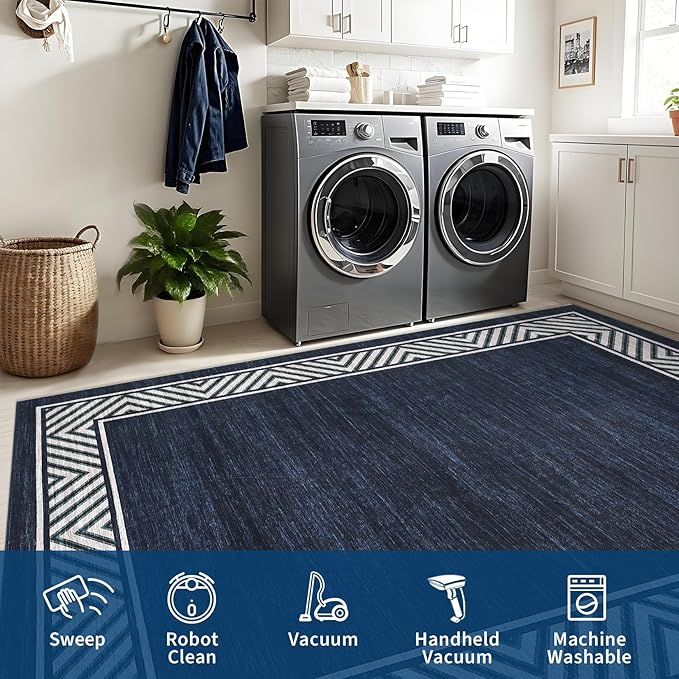 GarveeHome Modern Rugs for Living Room 8x10 Large Bordered Floor Mats with Non-Slip Backing, Stain-Resistant Bedroom Carpet, Foldable Geometric Indoor Rug for Dining Room, Kitchen, Navy Blue