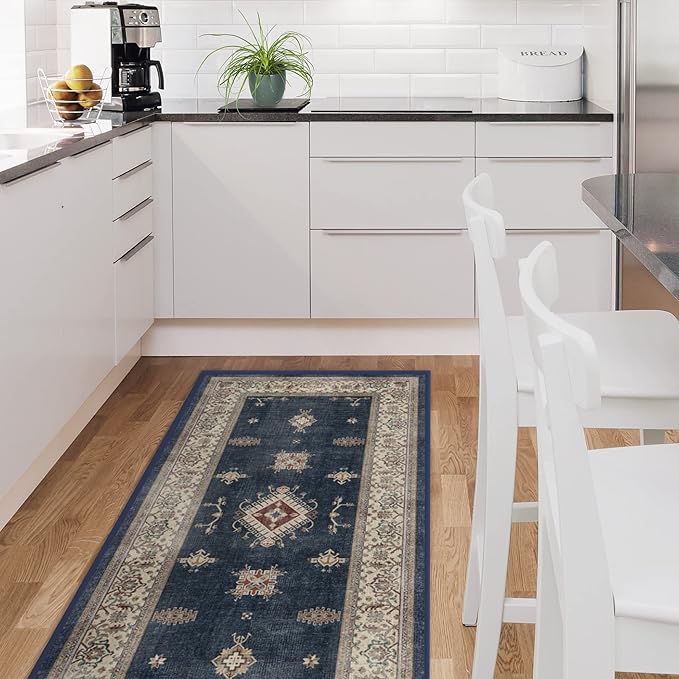 RUGGABLE Washable Vintage Area Rug – Verena Sapphire 9x12, Stain-Resistant, Non-Slip – Large Machine Washable Rugs for Living Room, Bedroom, Hallway, Entryway & Office–with Standard Pad