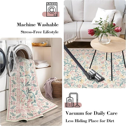 Wonnitar Machine Washable 10x14 Area Rugs, Large Living Room Rug Floral Pink and White Carpet, Boho Soft Ultra-Thin Foldable Carpets for Bedroom Dining Room Office