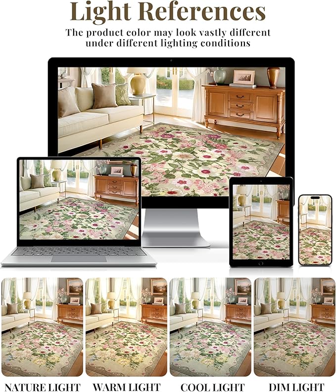 Floral Area Rug Living Room - 8x10 Washable Rugs Low Pile Non-Slip Soft Bedroom Rugs Under Bed Stain Resistant Accent Indoor Vintage Carpet for Dining Room Nursery Home Office Decor, Brown