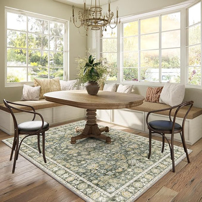 Washable Area Rugs 5'x7' Non-Slip Vintage Boho Distressed Fade Resistant Low Pile Carpet for High-Traffic Living Room, Bedroom & Dining Room