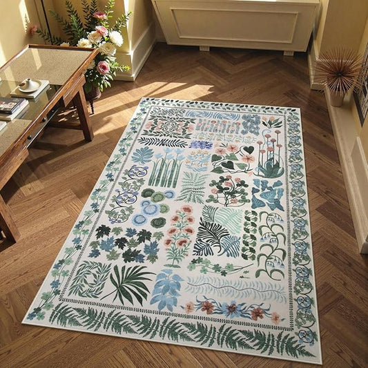Floral Boho Beige Washable 3x5 Bathroom Entrance Rugs Indoor, Non Slip Flower Botanical Area Rugs for Kitchen Floor Soft Throw Carpet for Laundry Living Room Entrance (Beige,3 x 5)
