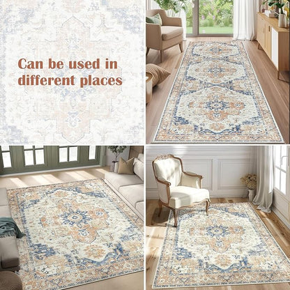 jinchan Kelda Area Rug 5x7 Washable Bedroom Rug Vintage Indoor Floor Cover Distressed Lightweight Non-Slip Low Pile Thin Mat Accent Stain Resistant Carpet for Living Room Dining Room Office Orange
