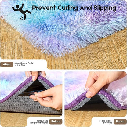 3x5 Rugs for Bedroom, Fluffy Small Area Rugs for Living Room, Soft Shag Fuzzy Carpet with 4 Non-Slip Stickers for Kids Boys and Girls Nursery Dorm Room Home Decor (Rainbow, 3ft x 5ft)