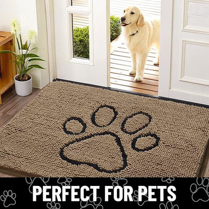 Smiry Dog Door Mat for Muddy Paws, Absorbent Dirt Trapper Non Slip Quick Dry Washable Chenille Mat for Mud Dogs, Entry Rug for Indoor and Outdoor (24x16 Inches, Camel and Black)