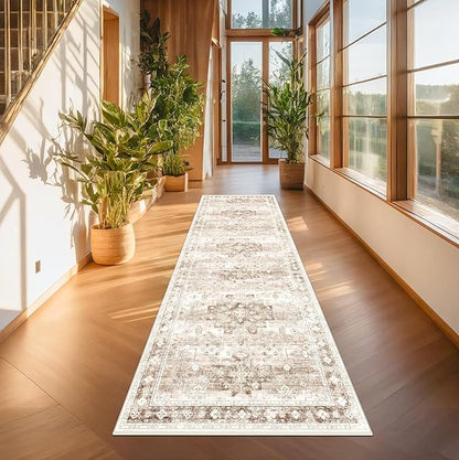 Beige Washable 2'6"x8' Wide Hallway Runners, Kitchen Runner Rug, Non-Slip & Stain Resistant Long Floor Rug, Neutral Boho Floral Decor (2'6"x8' Beige/Latte)