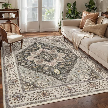 Tangsoo 3x5 Area Rug Vintage Washable Rugs Non Slip, Farmhouse Rugs Indoor Accent Rug Print Distressed Grey Carpet, Soft Low Pile Rug for Living Room Bedside Entryway Bedroom