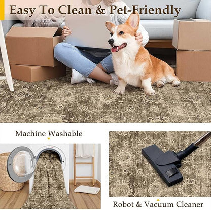 8x10 Washable Area Rug for Living Room Bedroom Brown Vintage Large Distressed Rustic Low Pile Carpet Non-Slip Lightweight Vacuumable Soft Throw Rug for Indoor Dining Room