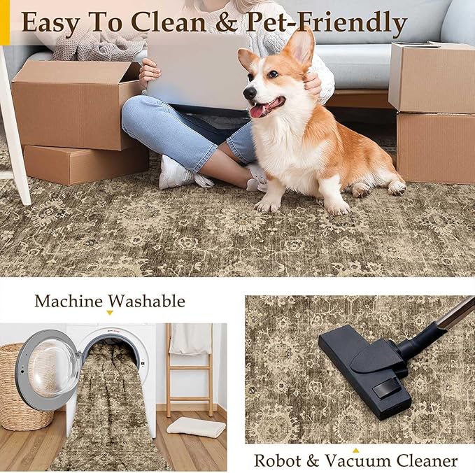 3x5 Washable Area Rug for Entryway Brown Vintage Non-Slip Low Pile Distressed Rustic Carpet Lightweight Vacuumable Door Mat Soft Small Door Mat Small Throw Rug for Entrance