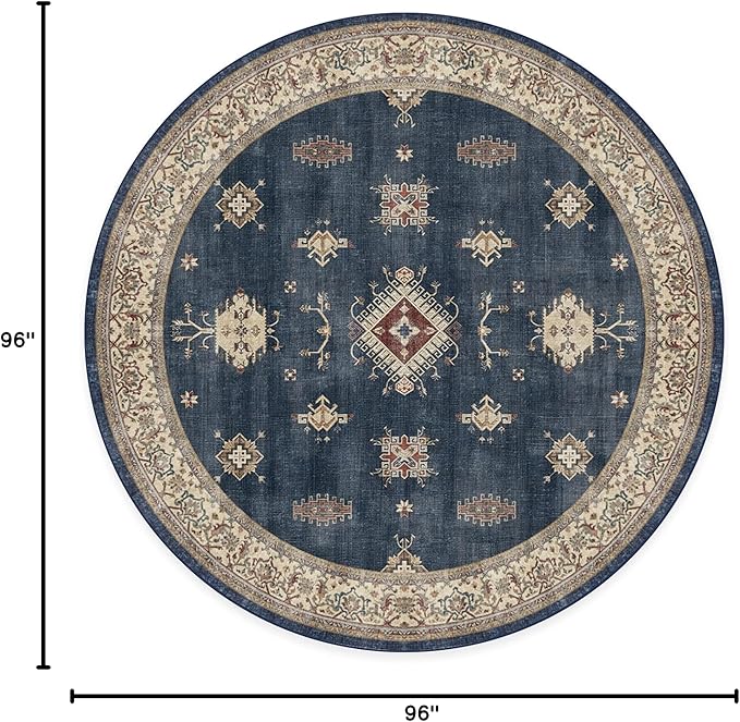 RUGGABLE Washable Vintage Area Rug – Verena Sapphire 8 ft Round, Stain-Resistant, Non-Slip – Large Machine Washable Rugs for Living Room, Bedroom, Hallway, Entryway & Office–with Cushioned Pad