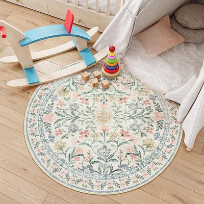 Lahome Round Boho Floral Rugs 4ft, Cream Washable Circle Rugs for Bedroom Nursery, Vintage Beige Circular Carpet, Soft Non-Slip Carpet for Kids Room Playroom Calm Corner, Beige