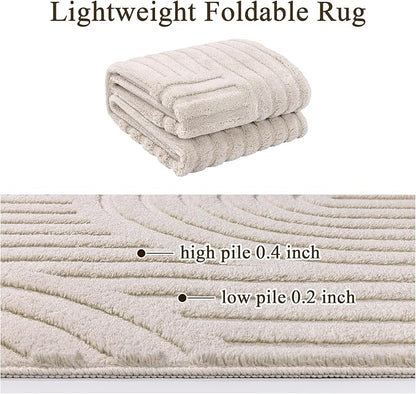 SHACOS Soft Cozy Fluffy Arch Pattern High Low Pile Area Rugs 4'x6' Non Slip Washable Scandinavian Minimalist Rug Modern Geometric Arc Carpet for Living Room Bedroom Dining Room, Beige