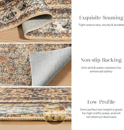 Phantoscope Washable Area Rug 5'x7' Non-Slip, Vintage Neutral Rugs for Living Room, Bedroom, Dining Room, Distressed Boho Floral Medallion Pattern, Low-Pile Foldable Carpet, Brown/Charcoal Spice