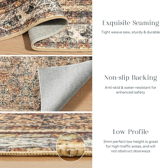 Phantoscope Washable Area Rug 8'x10' Non-Slip, Vintage Neutral Rugs for Living Room, Bedroom, Dining Room, Distressed Boho Floral Medallion Pattern, Low-Pile Foldable Carpet, Brown/Charcoal Spice