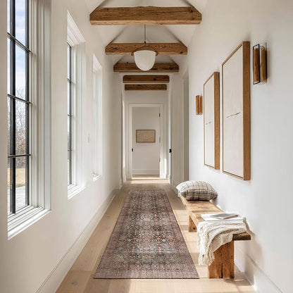 Kuden 2'6"x12 Runner Rug, Machine Washable Area Rug with Non-Slip Backing, Vintage Style, Soft, Easy Clean, Low Pile Rug for Hallway, Entryway, Kitchen, Bedroom