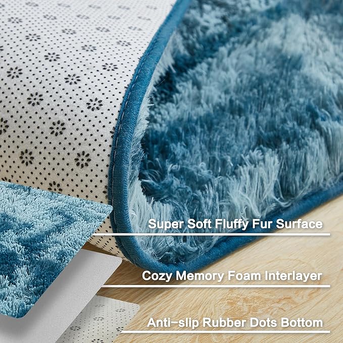 Andency 8x10 Area Rugs for Living Room, Non-Slip Fluffy Soft Large Shag Bedroom Carpet, Tie-Dyed Navy Blue Big Indoor Thick Nursery Rug for Kids Dorm Home Decor Aesthetic