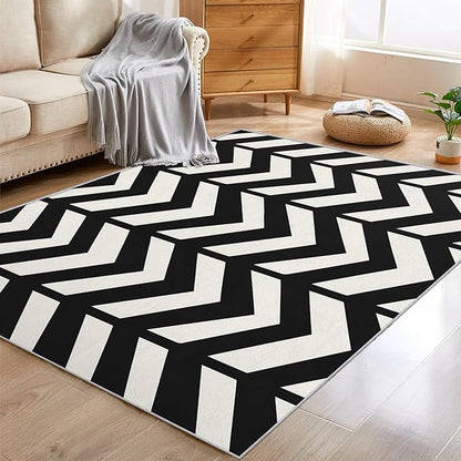 4x5 Black and White Chevron Rugs for Bedroom Decor, Washable Chevron Geometric Pattern Area Rug, Living Room Home Decoration, Non Slip Soft Thin, Modern Zigzag Decor Carpet PF-P 49