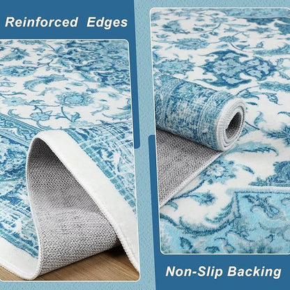 4x6 Area Rug for Bedroom, Machine Washable Rugs with Non-Slip Backing for Living Room, Soft Vintage Carpet Kitchen Laundry Kids Room Decor, Celestial Blue