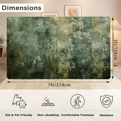 Green Vintage Distressed Carpet for Living Room, 5x7 Non-Slip Washable Low Pile Abstract Design Rug, Space Saving Area Rug for Bedroom, Dining Room