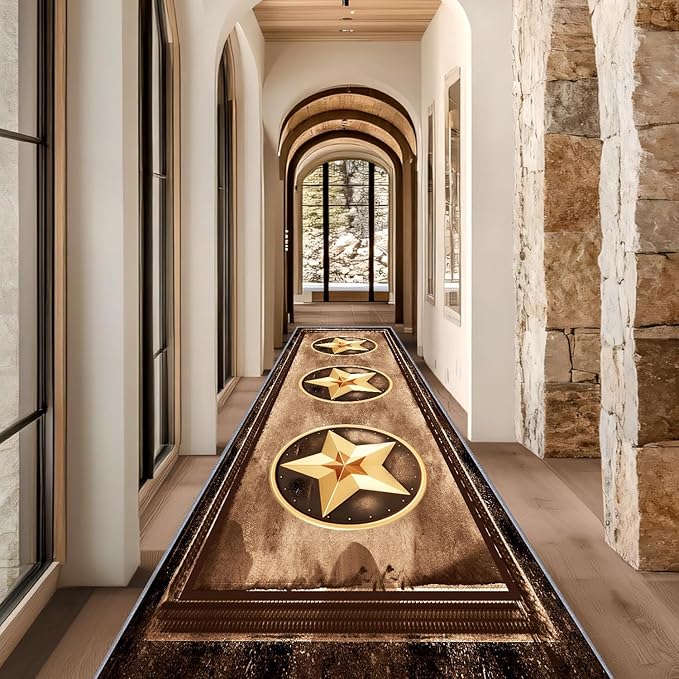 Gold Five-Point Star Runner Rug, 4x10ft Washable Hallway Badge Carpet, Corridor Accent Rugs, Stylish Decorative Runner for Home Hallway & Foyer, Vintage Style Non-Slip Mat