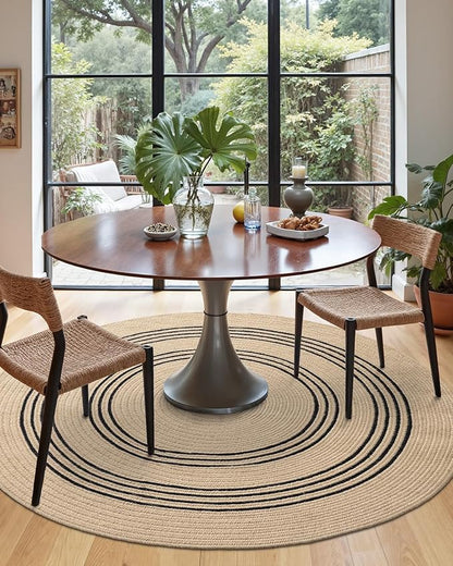 DEXI Round Jute Rug Natural Fiber 5x5, Braided Woven Area Rugs No Shed, Soft Neutral Rustic Carpet Mat for Indoor Outdoor Patio Dining Living Room Bedroom Farmhouse, 5ft, Beige/Black