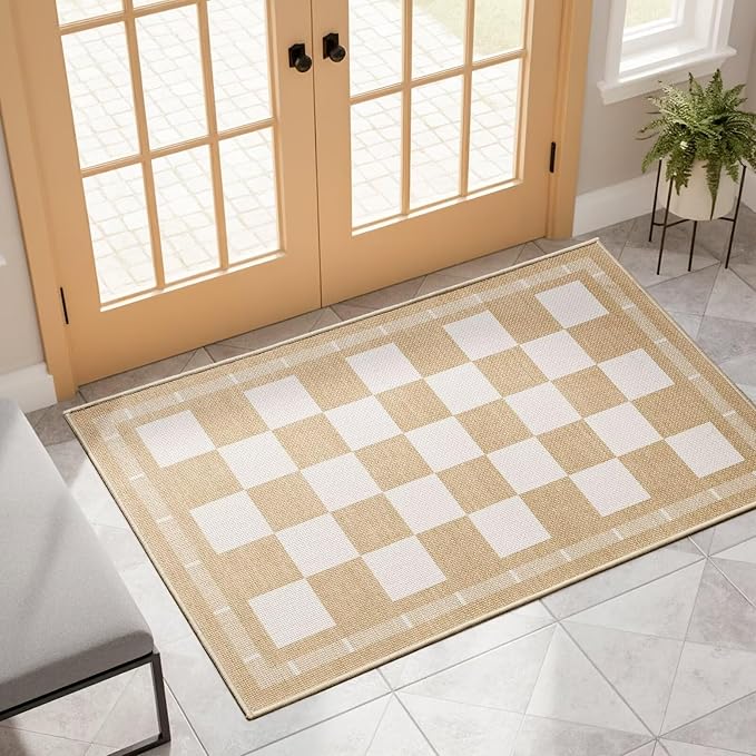 Vasofe Washable Small Entry Rug, 2x3 Checkered Jute Rugs Outdoor Indoor Front Door Mat, Non-Slip Bedroom Entrance Doorway Kitchen Mats, Plaid Farmhouse Porch Carpet, Khaki and White