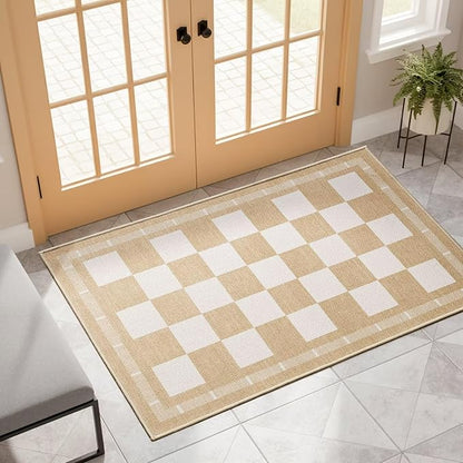 Vasofe Washable Small Entry Rug, 2x3 Checkered Jute Rugs Outdoor Indoor Front Door Mat, Non-Slip Bedroom Entrance Doorway Kitchen Mats, Plaid Farmhouse Porch Carpet, Khaki and White