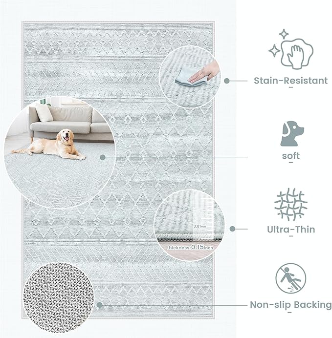 9x12 Area Rug Living Room: Washable Boho Geometric Moroccan Rug Neutral Modern Farmhouse Indoor Soft Non Slip Ultra Thin Large Printed Pattern Carpet for Bedroom Home Office (Grey, 9'x12')