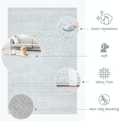 9x12 Area Rug Living Room: Washable Boho Geometric Moroccan Rug Neutral Modern Farmhouse Indoor Soft Non Slip Ultra Thin Large Printed Pattern Carpet for Bedroom Home Office (Grey, 9'x12')
