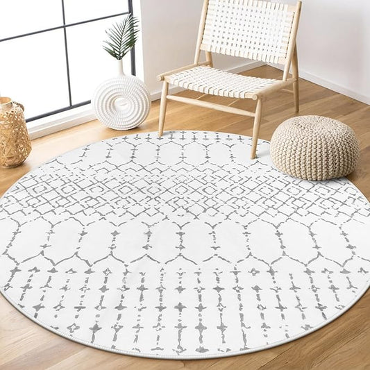 Lahome Moroccan Round Area Rug - 3Ft Round Rug Non-Slip Washable Soft Round Bathroom White Throw Small Circle Rug for Bedroom, Modern Geometric Print Low-Pile Round Rugs for Entryway Kitchen Sofa