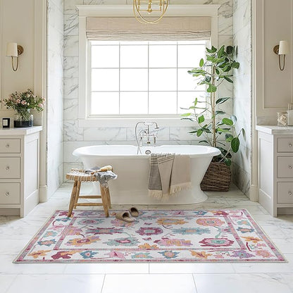 Fame Living Pink Oushak Rug, Modern, Vintage, Turkish, Eclectic, Floral, Pastel, Washable, Area Rugs for Living Room, Dining, Bedroom, Nursery, Girls, Boys, 5'9"x8'9"