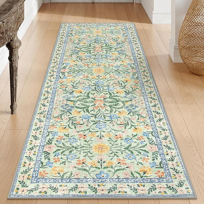 Morebes Washable Kitchen Runner Rug 2x6, Green Boho Floral Hallway Rug Runner Non Slip,Vintage Flower Soft Ultra-Thin Indoor Throw Carpet for Entryway Bathroom Laundry Room