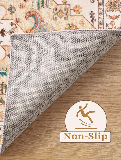 SERISSA Boho Washable Runner Rug, 2x5 Rug Runner Non-Slip Vintage Light Yellow Hallway Kitchen Runner Rug Ultra Soft Print Distressed Floor Carpet Runner for Bedroom Bathroom Laundry Living Room