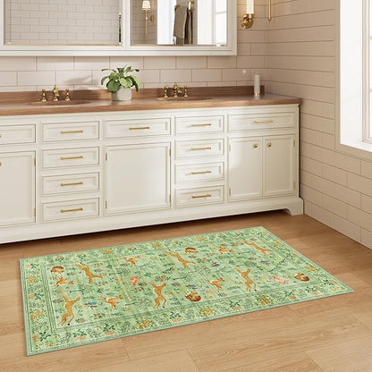 DUKINO 2x5 Rug for Hallway, Washable Kitchen Runner Rug with Non Slip Backing, Soft Low Pile Vintage Animal Runner for Bedroom, Kitchen, Hallway, Entryway, Laundry, Light Green