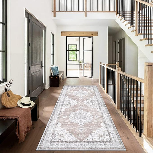 Runner Rug 2x6 Entryway Rug - Machine Washable Vintage Boho Area Rug Non-Slip Kitchen Runner Soft Stain Resistant Runners for Hallways Entryway Laundry Kitchen Bathroom Bedroom(Cream Ivory, 2'x6')
