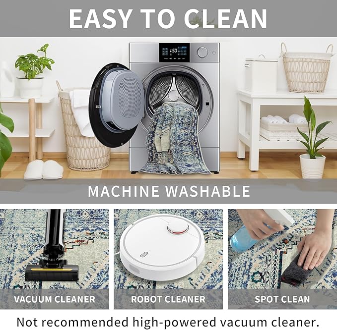 Easy-Going Round Rug 6ft Area Rug Washable Boho Circle Rugs for Living Room Non-Slip Bedroom Rug Low Pile Lightweight Medallion Distressed Throw Rug for Dining Room Kitchen Office, Vintage Blue Cream