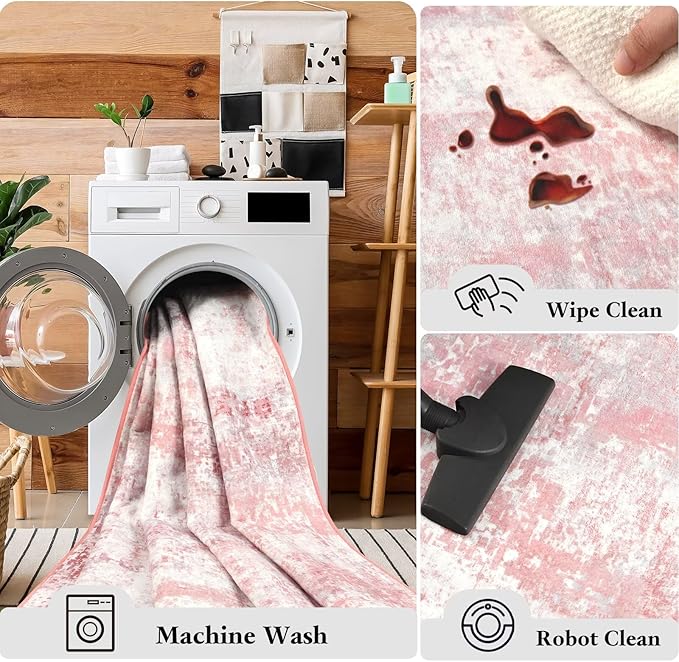 Washable Abstract Rug, 3x5 Modern Area Rugs with Non-Slip Rubber Backed for Bedroom, Thin but Soft Contemporary Carpet Kitchen Living Room Decor, Pink