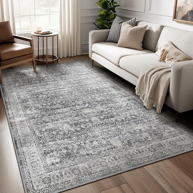 Washable Gray 5x8 Area Rugs, Neutral Vintage Grey and Ivory Carpet for Living Room Bedroom, Low Pile Thin Rug with Non Slip Rubber Backing for Dining Room Home Office
