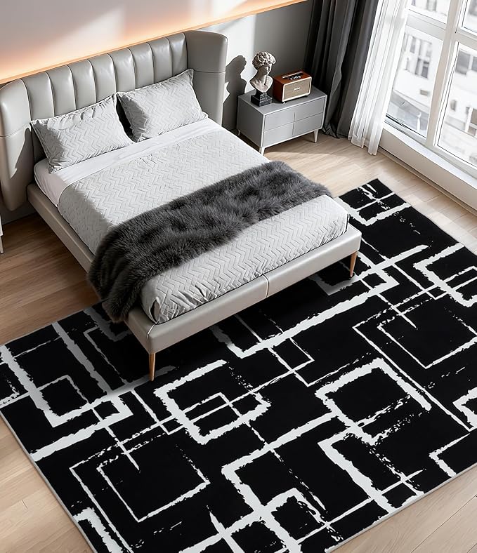 YIHOUSE Black Modern Geometric Area Rug 6x9, Black and White Rug with Abstract Rectangular Patterns,Non-Shedding Washable Rugs for Bedroom, Home Office and Living Room