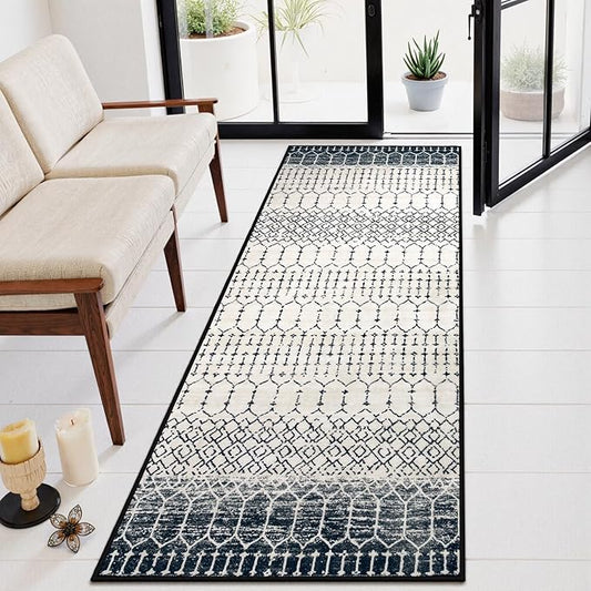 Lahome Moroccan Washable Runner Rug 2x6, Black Stain Resistant Non-Slip Kitchen Rug Runner, Ultra-Thin Geometric Print Distressed Floor Carpet for Entryway Laundry Bedroom