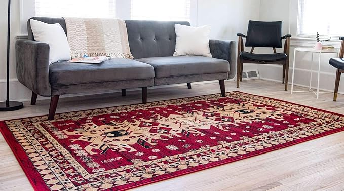 Unique Loom Taftan Collection Border Geometric Tribal Inspired Design Area Rug (9' 0 x 12' 0 Rectangular, Red/ Gold)